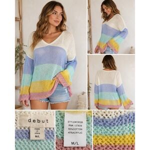 Debut Pastel Stripe Crochet Knit Sweater M /L Coastal Grandma Spring Oversized